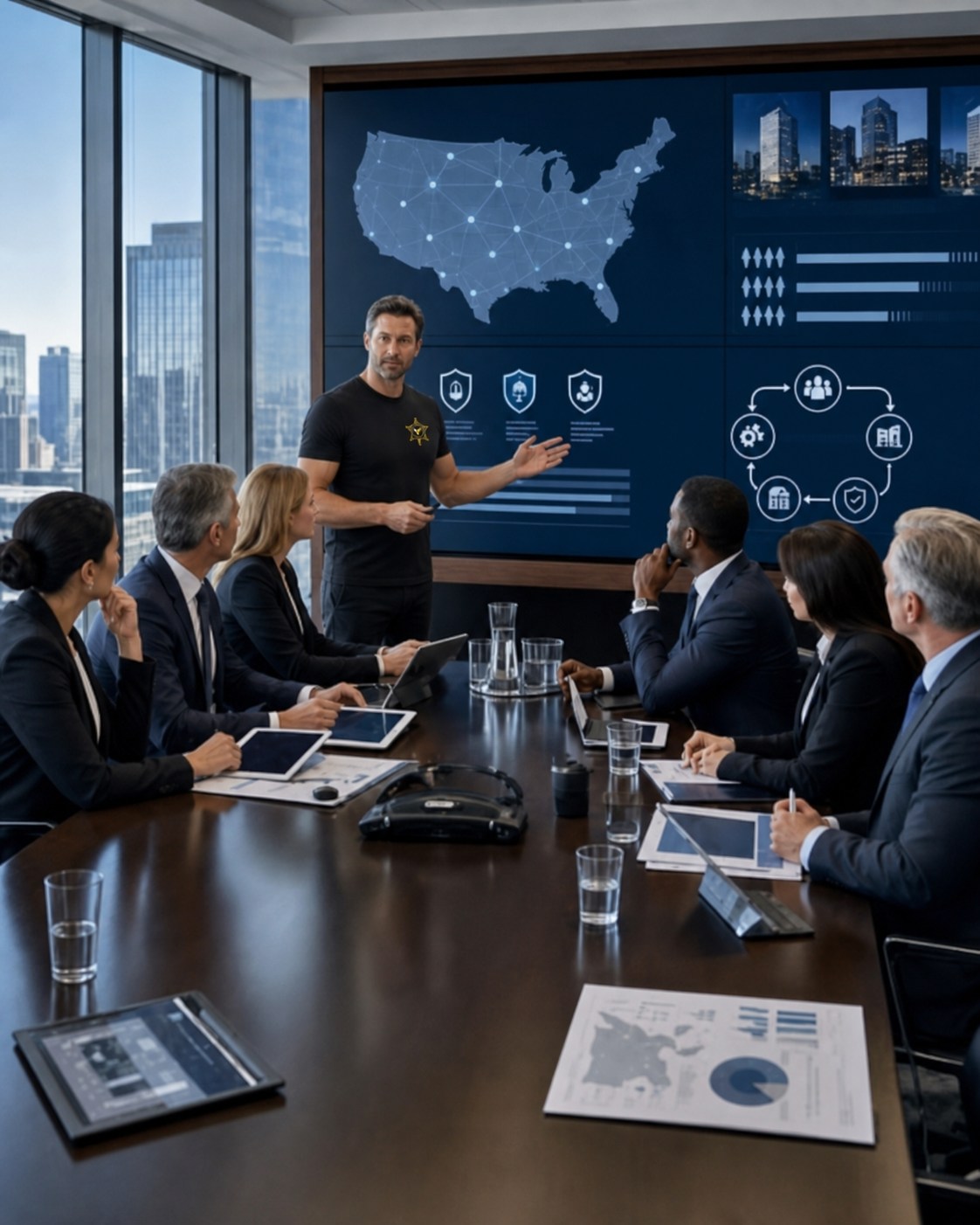 Enterprise security consultant presenting a multi-location training and compliance strategy to executive leaders